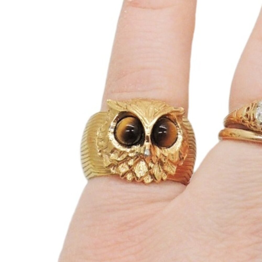 Vintage 1960s Signed Napier Cabochon Faux-Tiger's Eye Owl Adjustable Ring